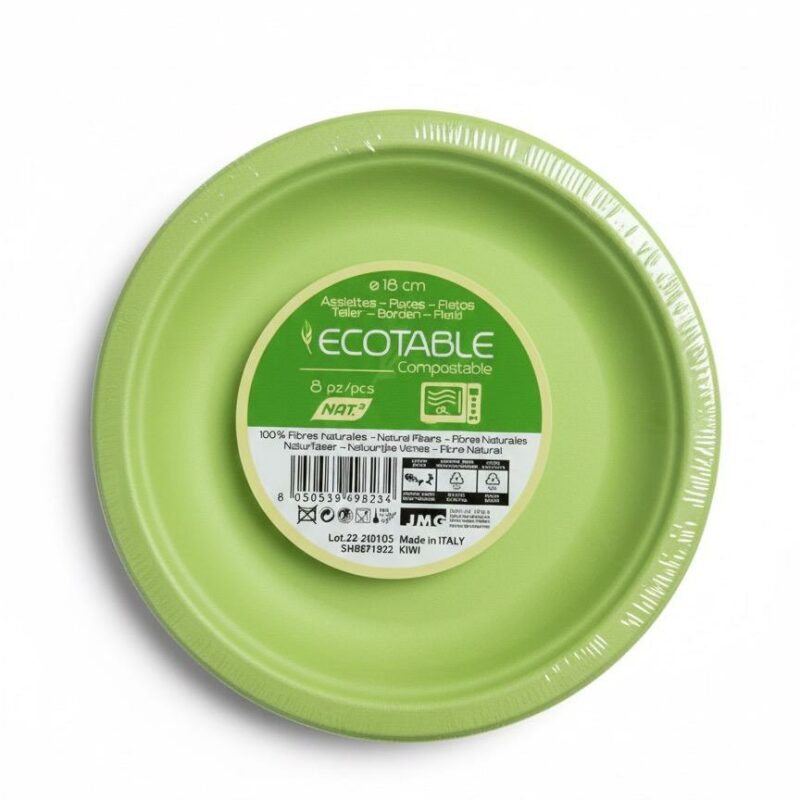 Piatti Ecotable compostabili in Fibra Naturale 8 pz. Ø18cm Verde