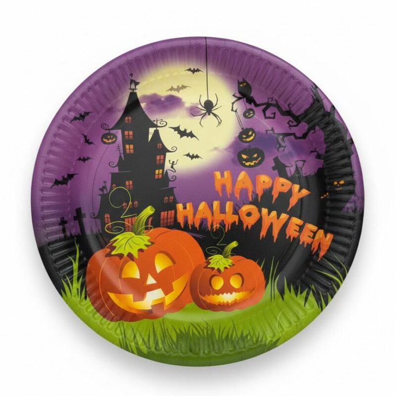 Piatti piani Happy Halloween Castello e zucche– 8 pezzi – Ø 23 cm