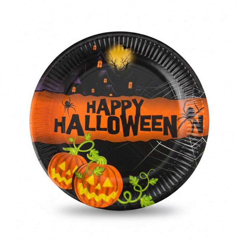 Piatti piani Happy Halloween Ragno e Zucche – 8 pezzi – Ø 23 cm