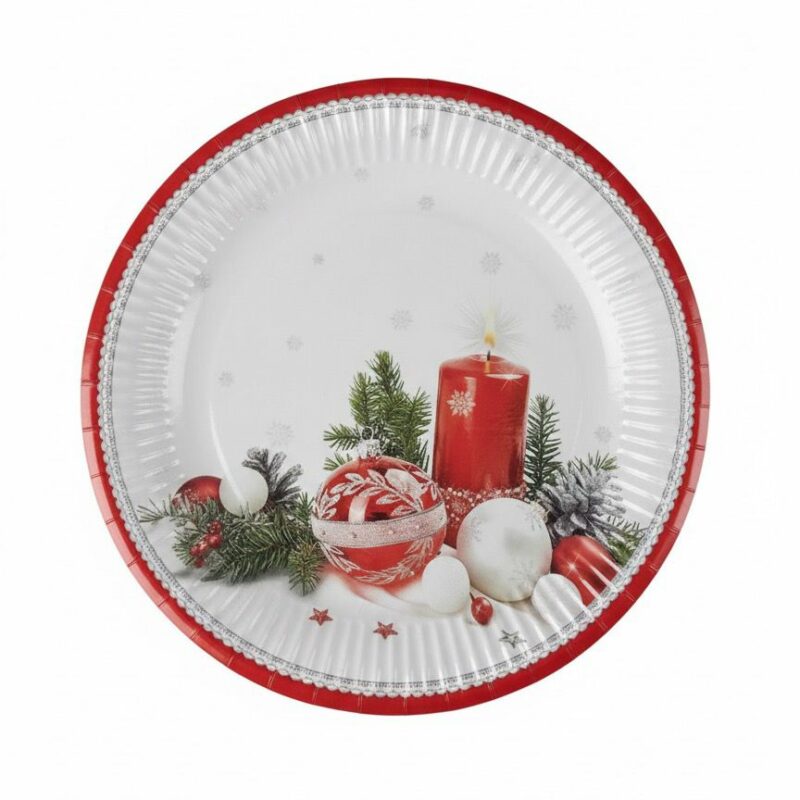 Piatti fondi Candela rossa e palle di Natale – 8 pezzi – Ø 23 cm