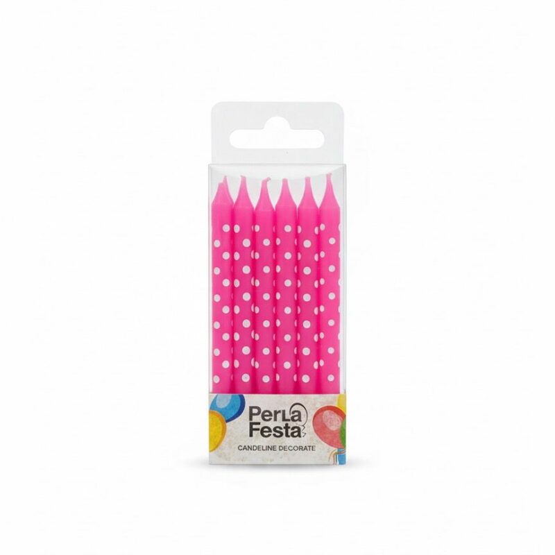 Candeline decorate Perla Festa – Fucsia pois bianchi (12 pz)